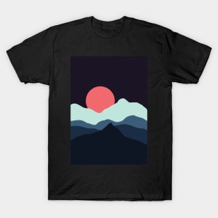 Minimalist Sunset at The Blue Black Mountainous Landscape Graphic Illustration T-Shirt